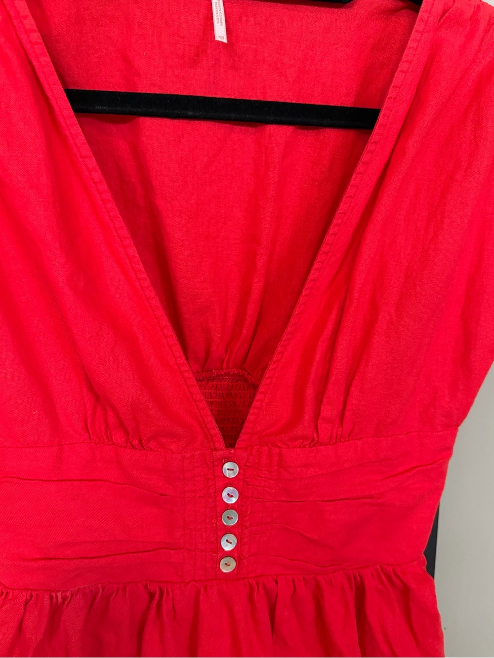 Free People Red Linen Fit & Flare Mini Dress XS Pockets - Picture 3 of 6